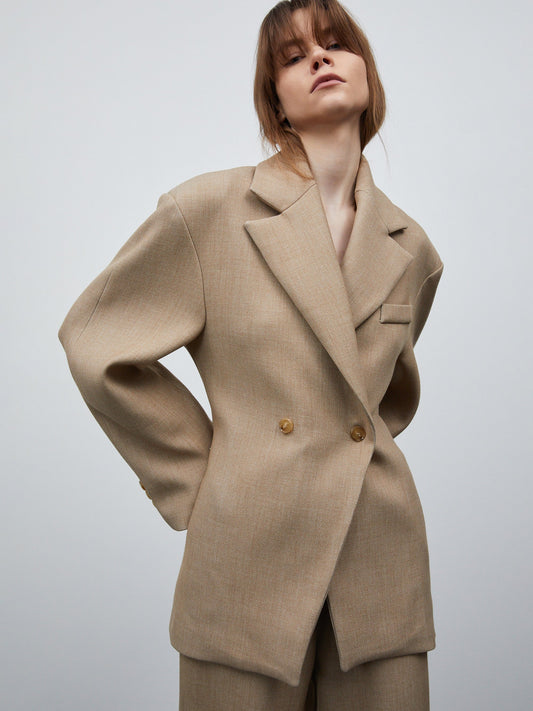Nangy Double Breasted Cinched Blazer, Tan Beige
