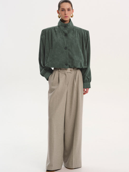 Lalisa Ruched Suede Bomber, Taupe Grey